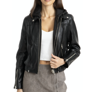 Women's Faux Leather Bomber Jacket with Removable Hood Closet Staples