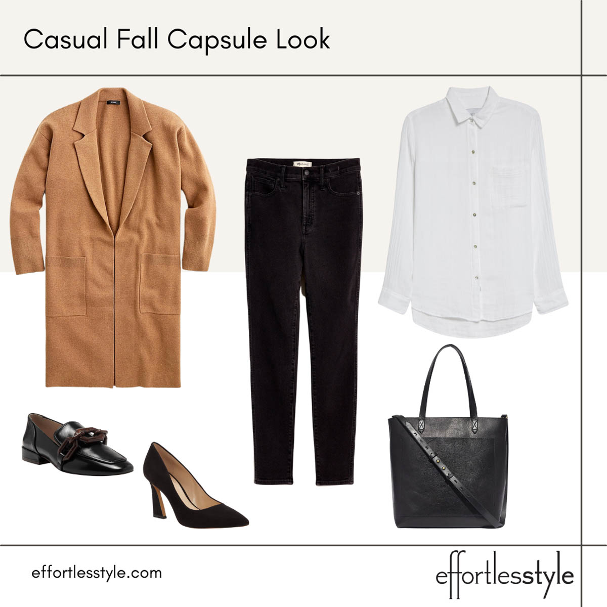 Fall Capsule Wardrobe Looks Camel Coatigan and Classic Black Denim