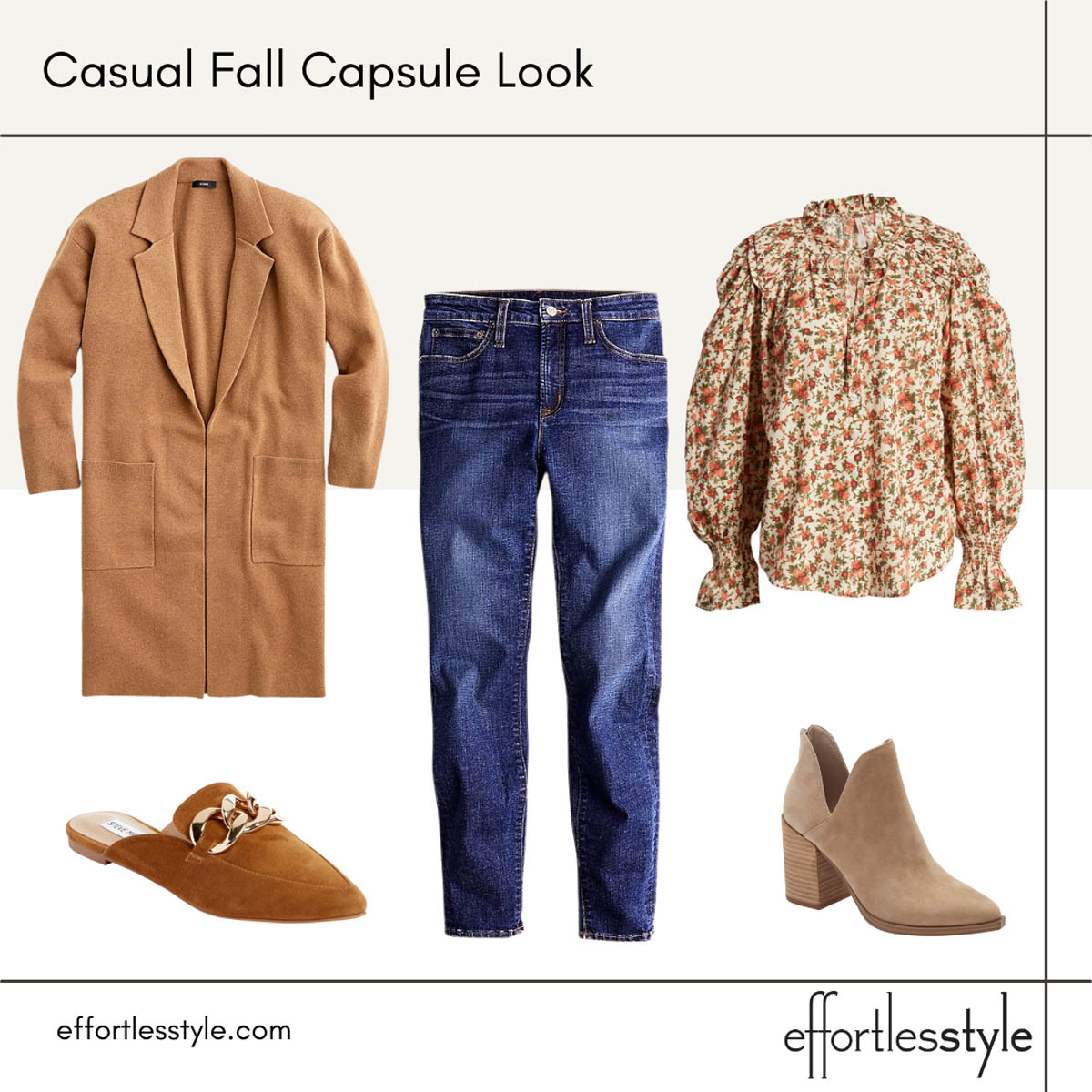 Fall Capsule Wardrobe Looks Camel Coatigan and Floral Blouse Outfit