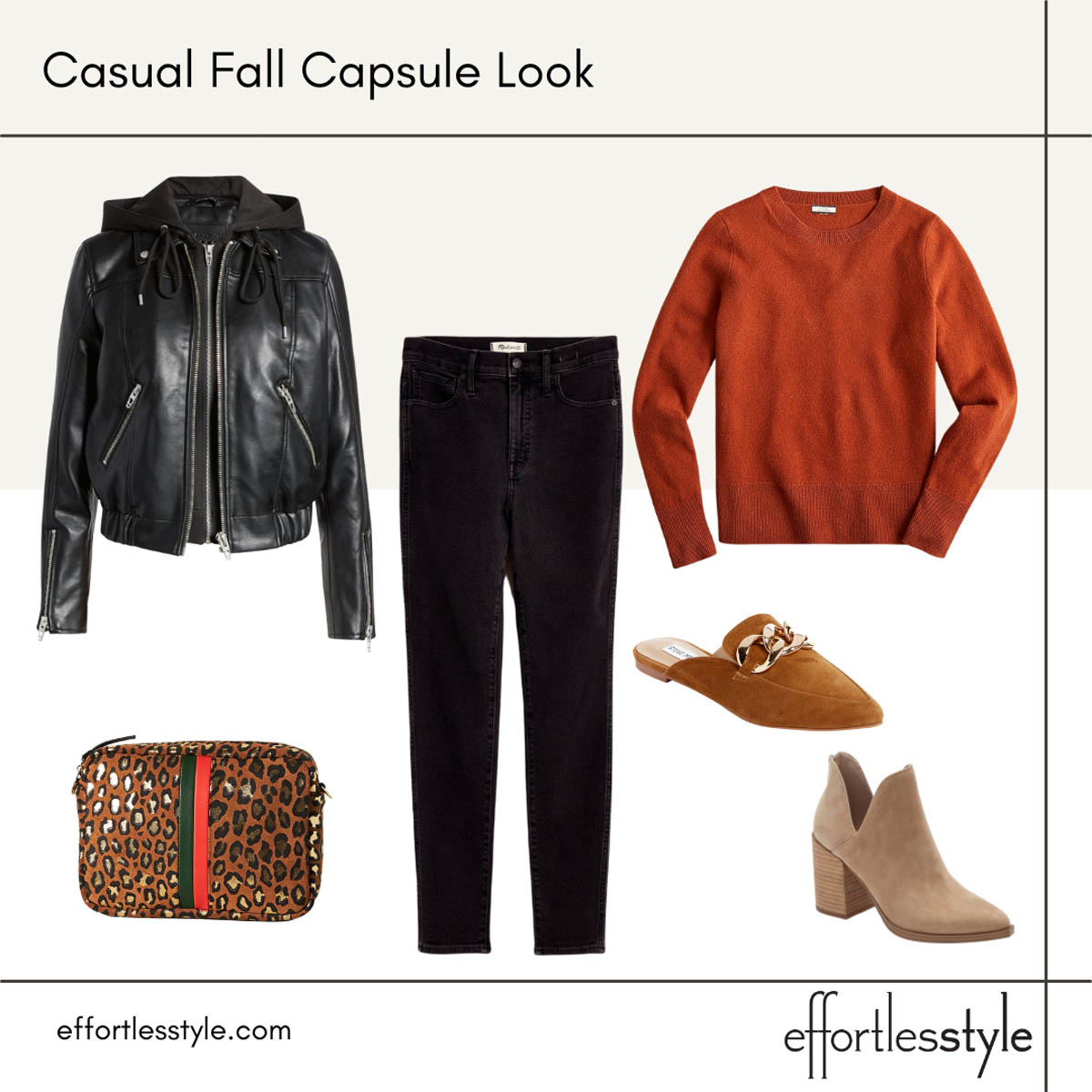 Fall Capsule Wardrobe Looks Faux Leather Jacket and Black Denim Outfit
