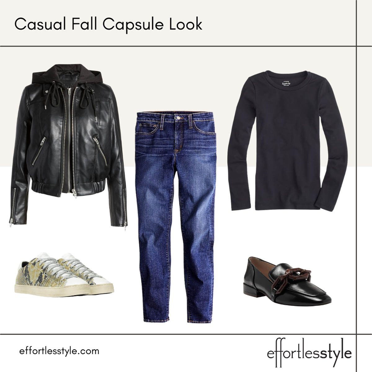Fall Capsule Wardrobe Looks Faux Leather Jacket and Dark Wash Denim