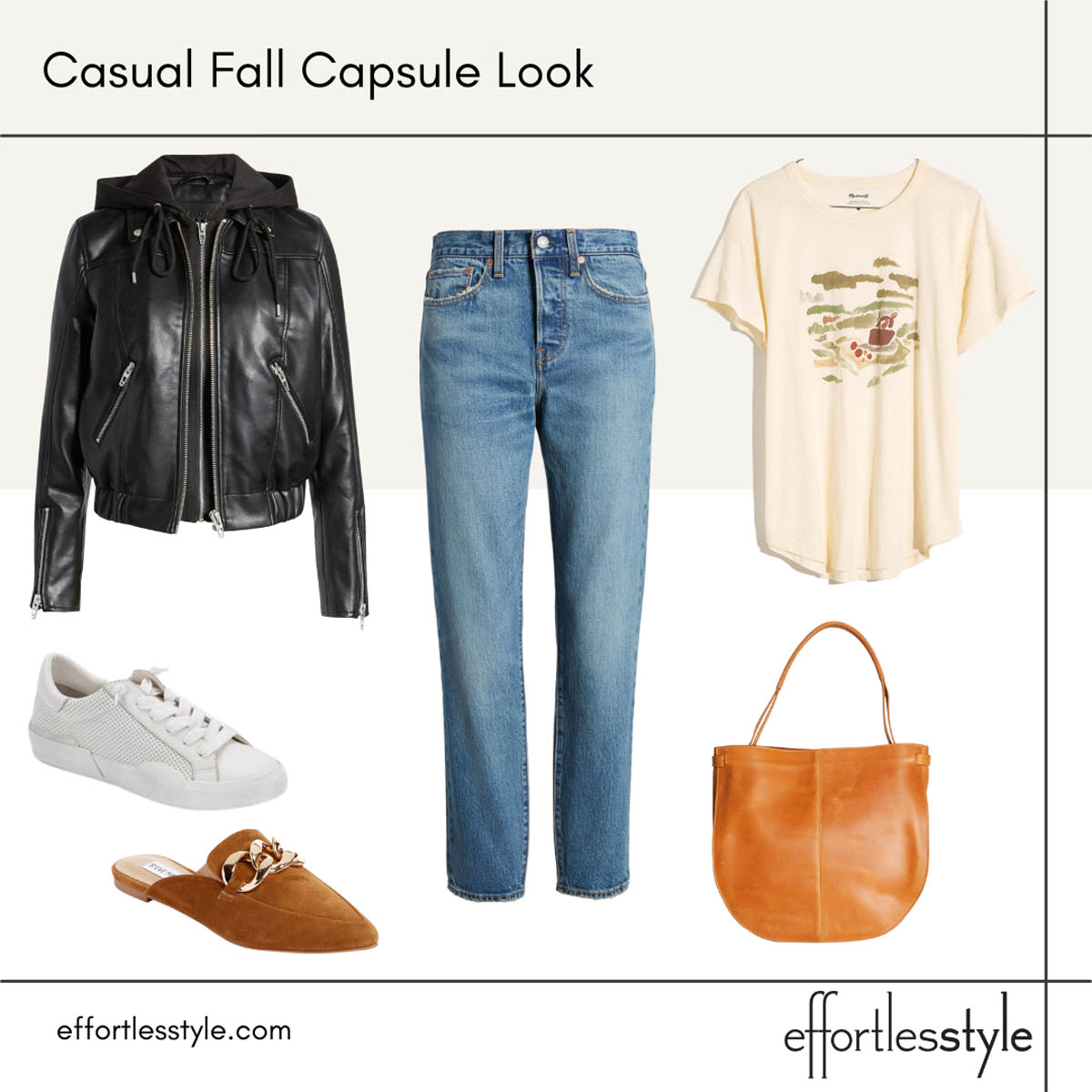 Fall Capsule Wardrobe Looks Faux Leather Jacket and Graphic Tee Look