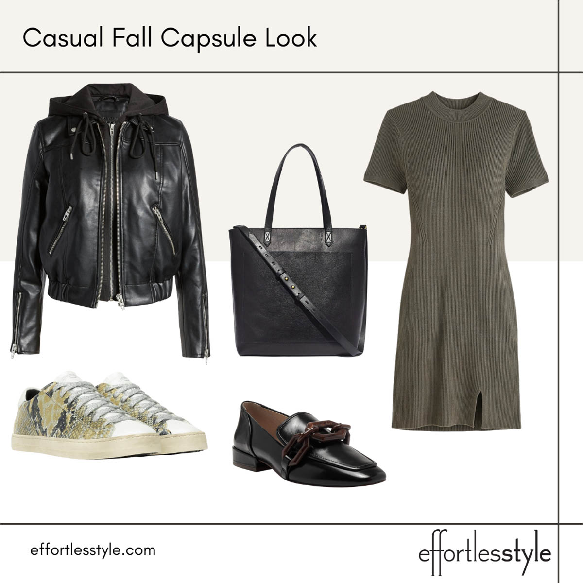 Fall Capsule Wardrobe Looks Faux Leather Jacket and Sweater Dress Look