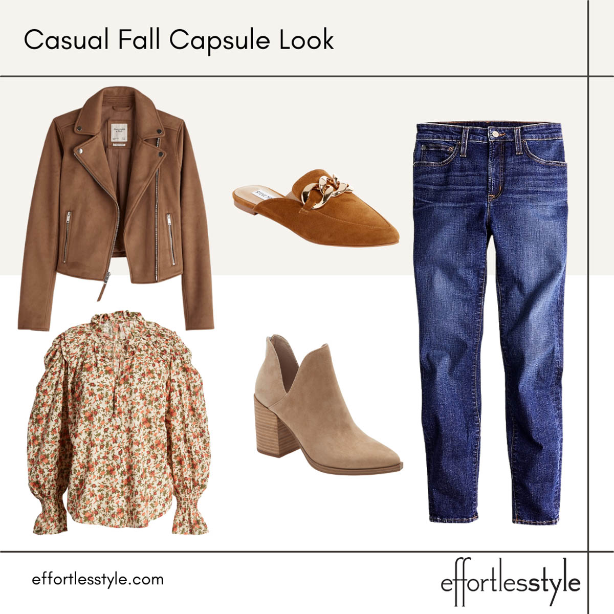 Fall Capsule Wardrobe Looks Suede Moto Jacket and Floral Blouse Outfit