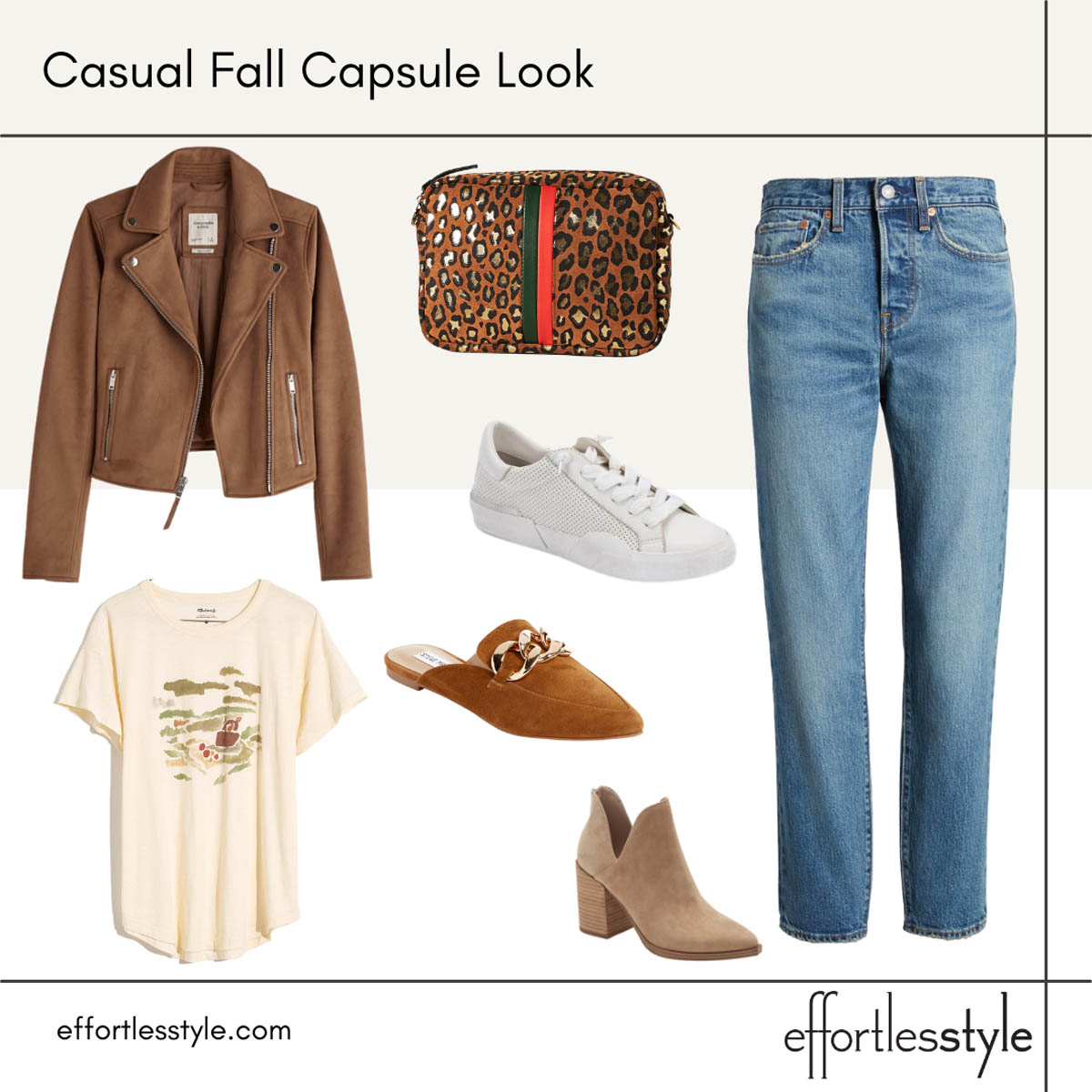 Fall Capsule Wardrobe Looks Suede Moto Jacket and Graphic Tee Outfit