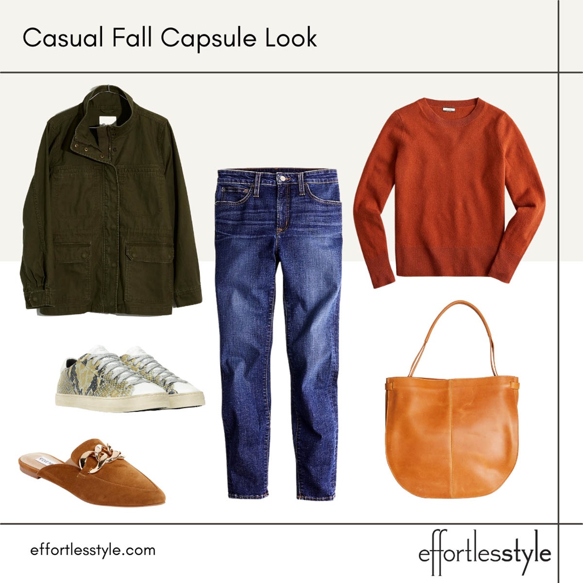 Fall Capsule Wardrobe Looks Utility Jacket and Fall Sweater Outfit