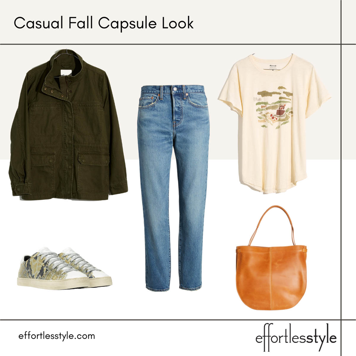 Fall Capsule Wardrobe Looks Utility Jacket and Graphic Tee with Denim
