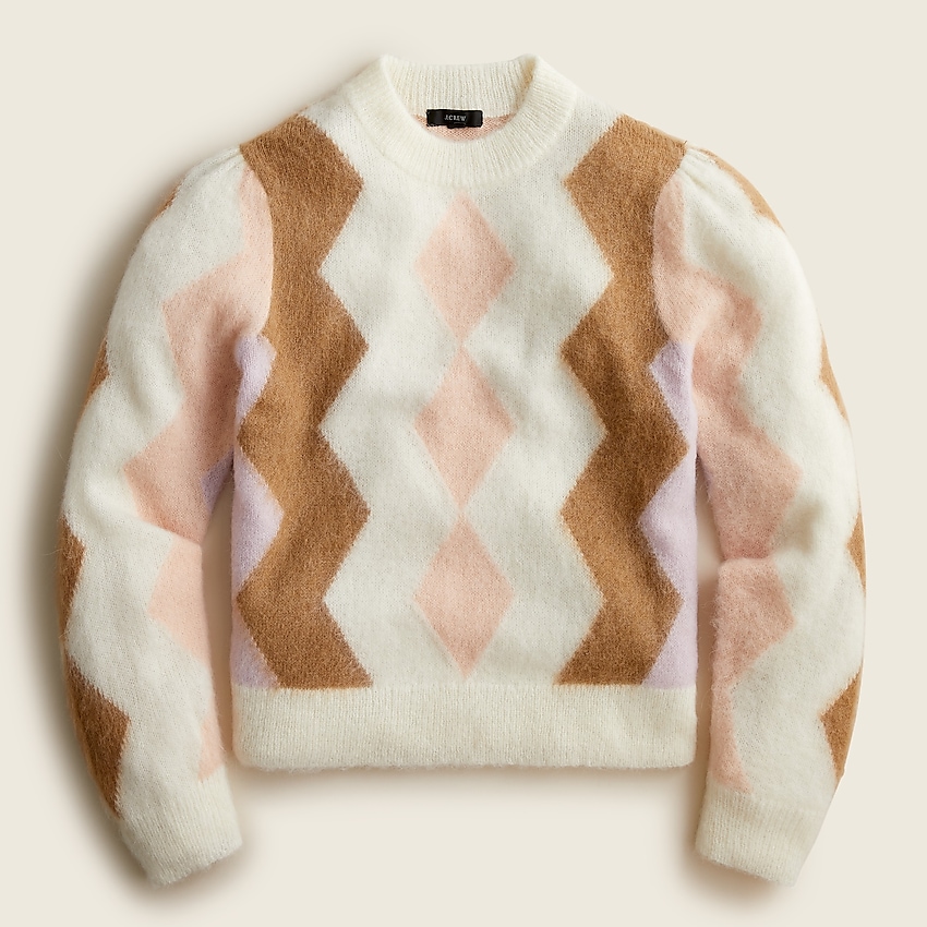 Diamond-checked cropped crewneck sweater Ivory Winter Sweater