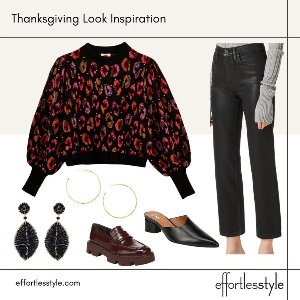 What to Wear for Thanksgiving Embellished Sweater & Coated Denim Look