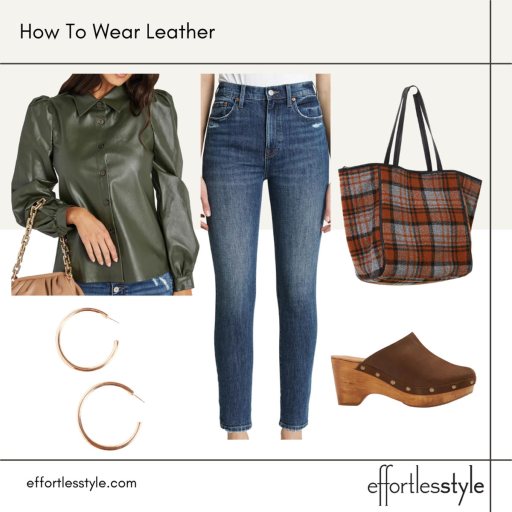 How to Wear Leather Olive Faux Leather Top and Skinny Jeans Outfit