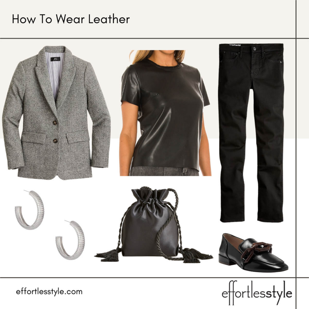 How to Wear Leather Faux Leather Top with Blazer and Black Jeans Look 