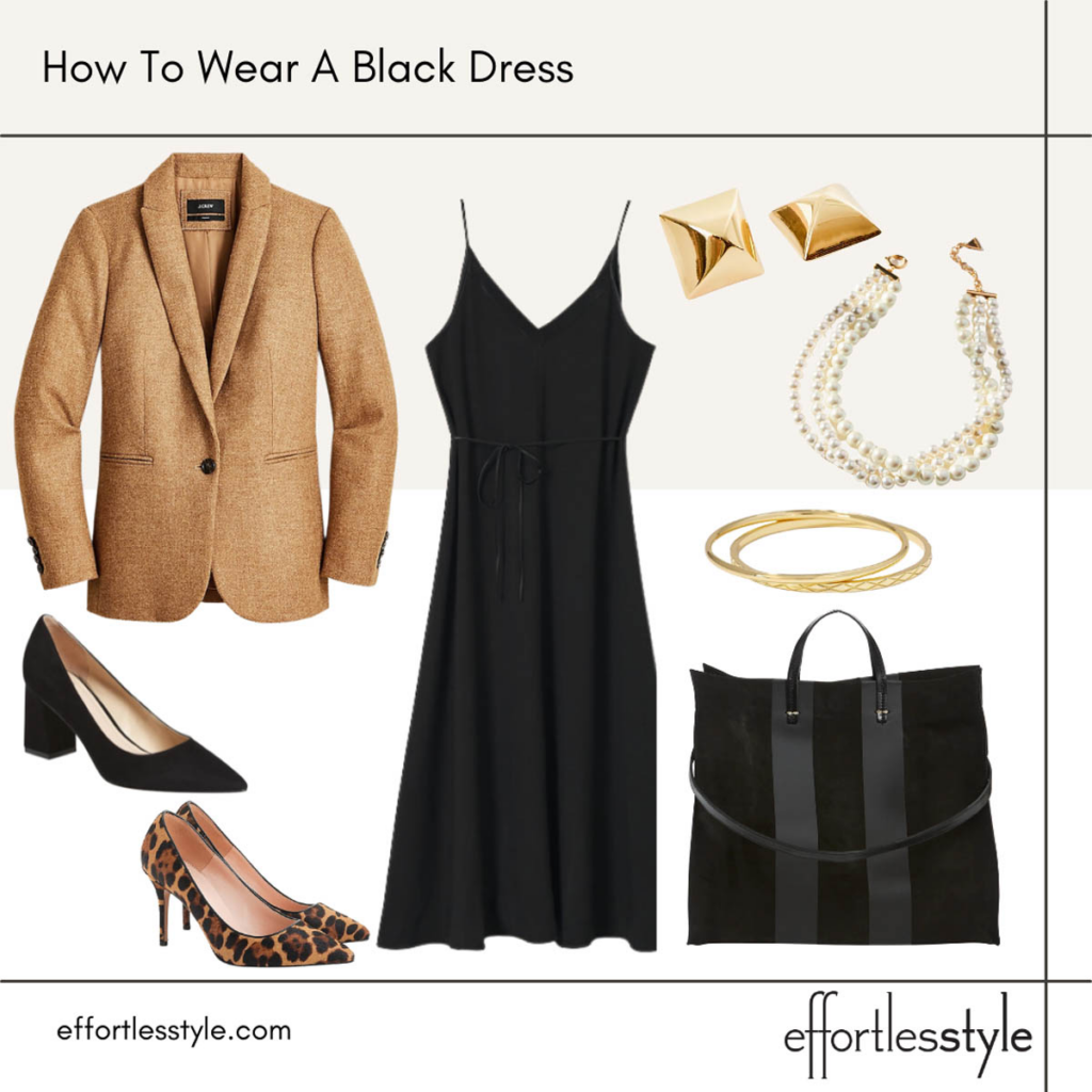 Camel Blazer + Black Slip Dress Outfit Fall Blazer & Midi Dress Look