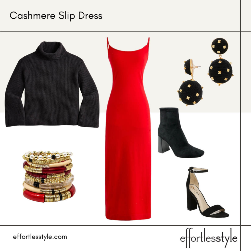 How to Wear Red and Green this Holiday Season Red Cashmere Slip Dress Look
