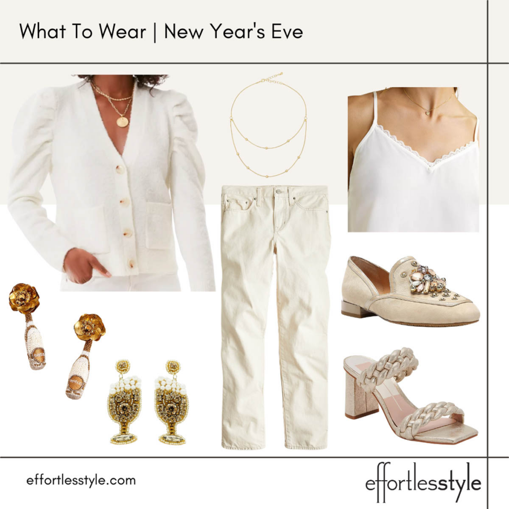 Monochromatic Look for New Year's Eve Ivory Cami + Ivory Denim Look