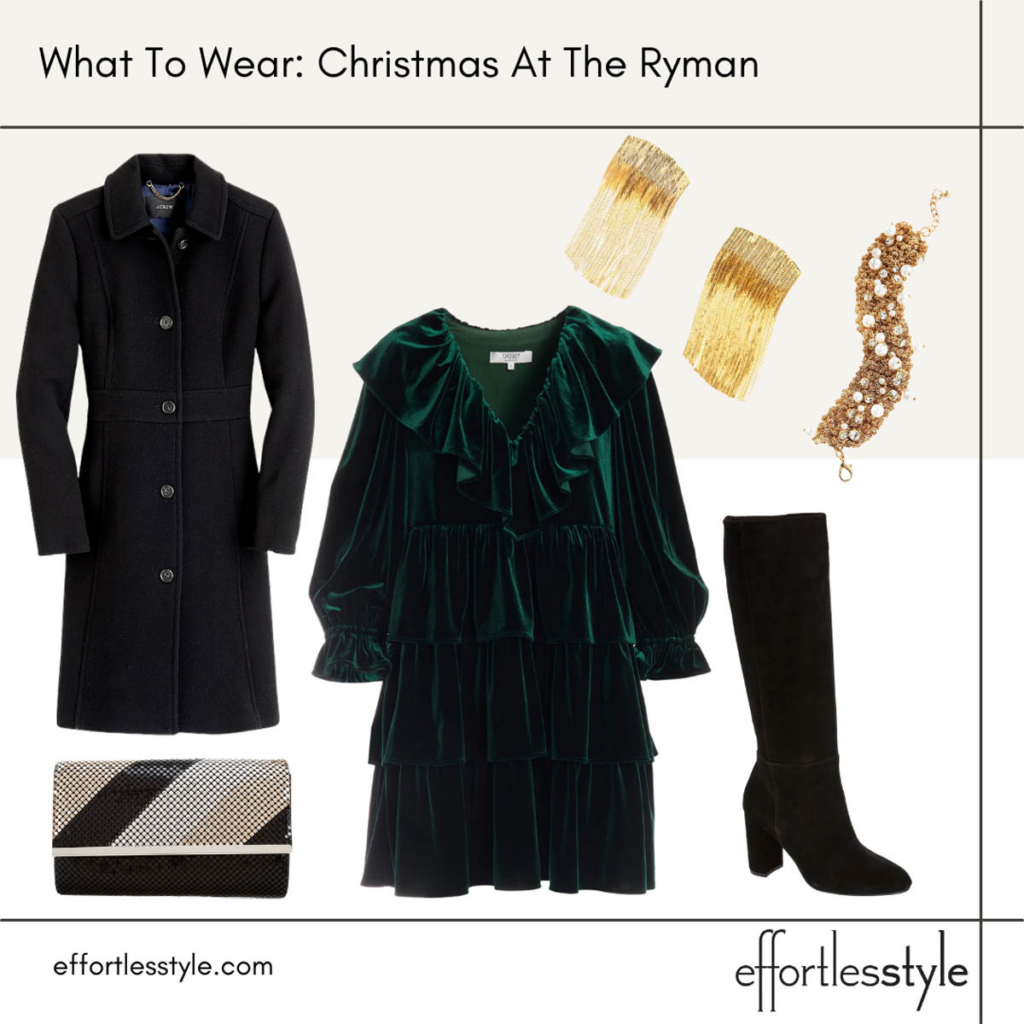 Festive Holiday Looks Green Velvet Dress Outfit Christmas at the Ryman