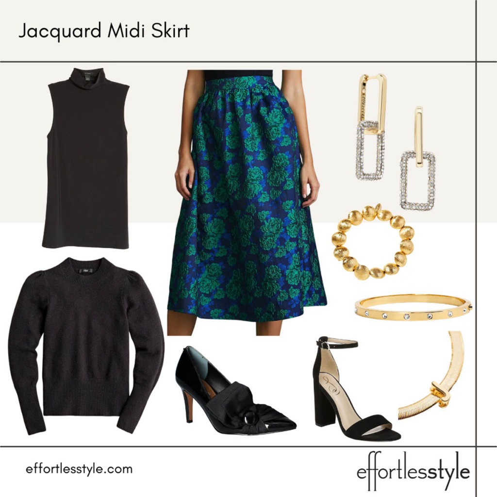 Jacquard Midi Skirt Outfit What to Wear for Christmas Dinner Outfit