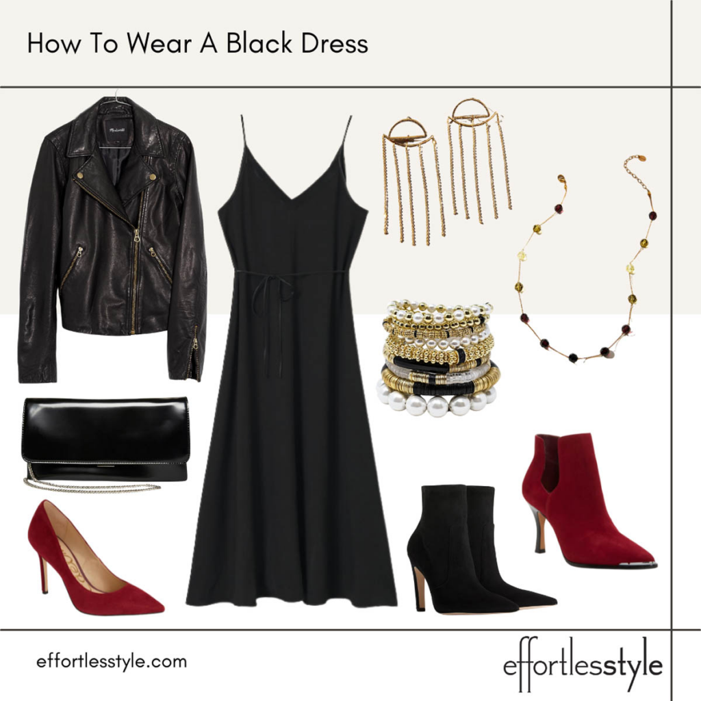 How to Wear a Black Dress Multiple Ways Moto Jacket & Black Midi Dress