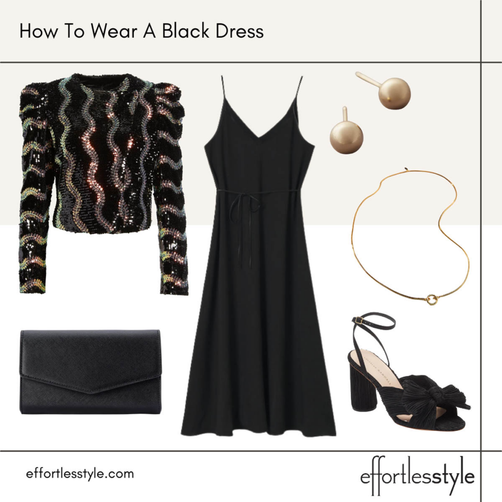 How to Wear a Black Dress Multiple Ways Sequin Blazer & Black Midi 