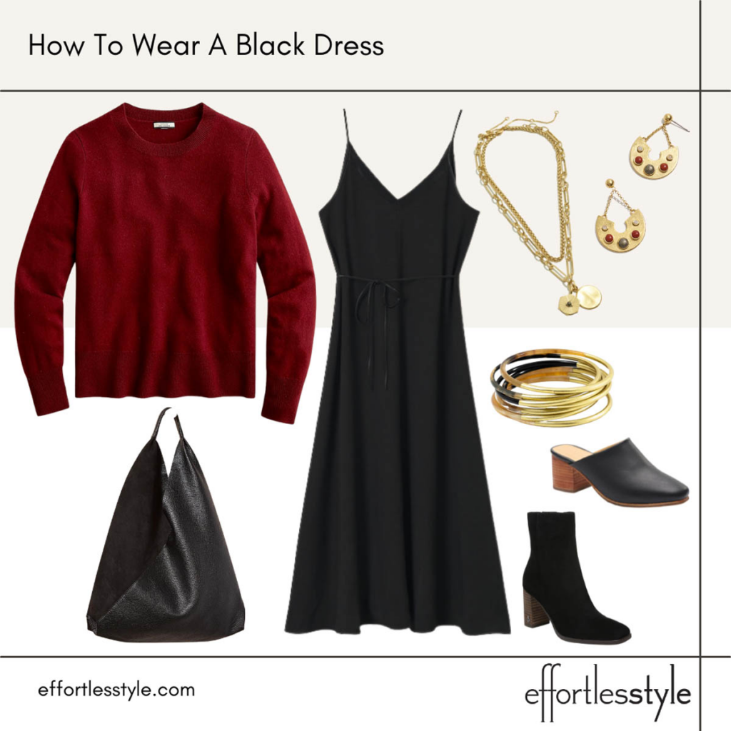 How to Wear a Sweater with a Dress Cashmere Sweater & Black Midi Dress