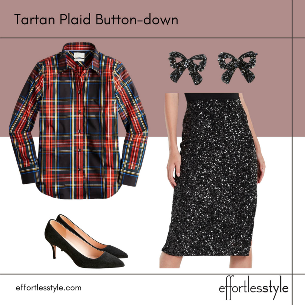 How to Wear Holiday Plaid Plaid Button Down & Sequin Skirt Outfit
