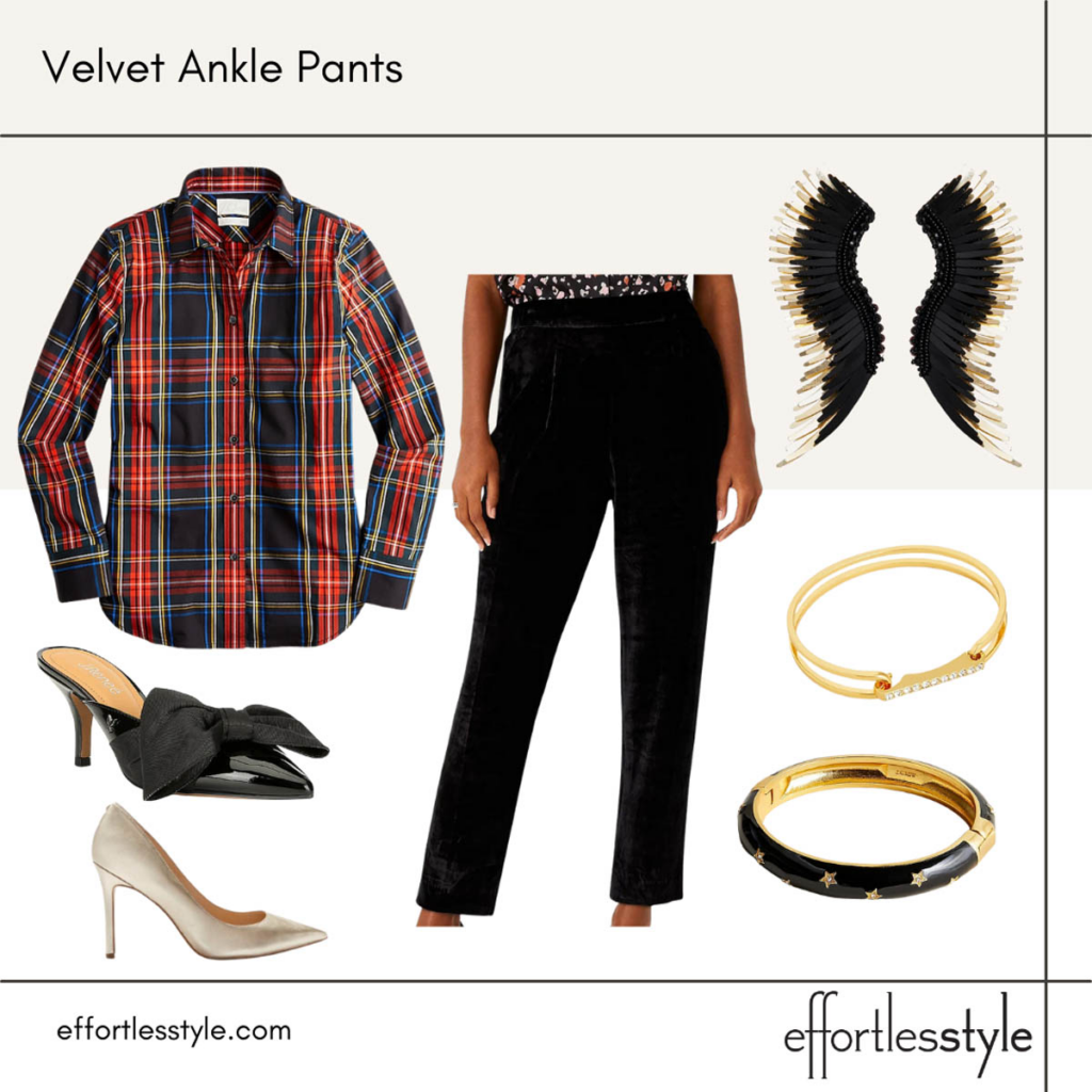 How to Wear Velvet this Holiday Season Plaid Blouse Velvet Pants Look