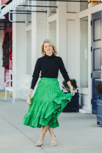 December Favorites Green Tiered Taffeta Midi Skirt