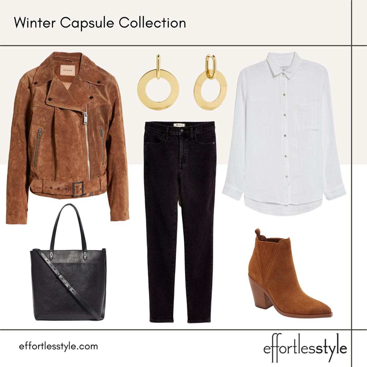 Casual Winter Capsule Wardrobe Suede Moto Jacket Outfit How to Wear