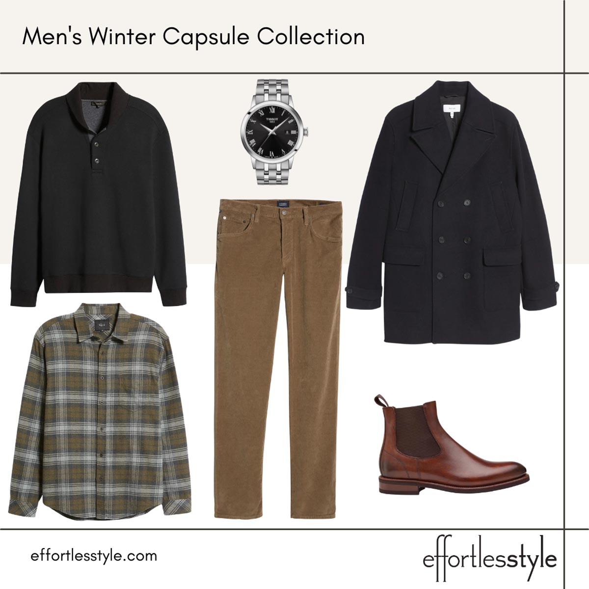 Men's Winter Capsule Collection Styled Looks shawl collar sweater how to wear a shawl collar sweater for men how to style a shawl collar sweater for guys how to wear a sweater with cords sweater and corduroy pant outfit for guys Corduroy pants and boots