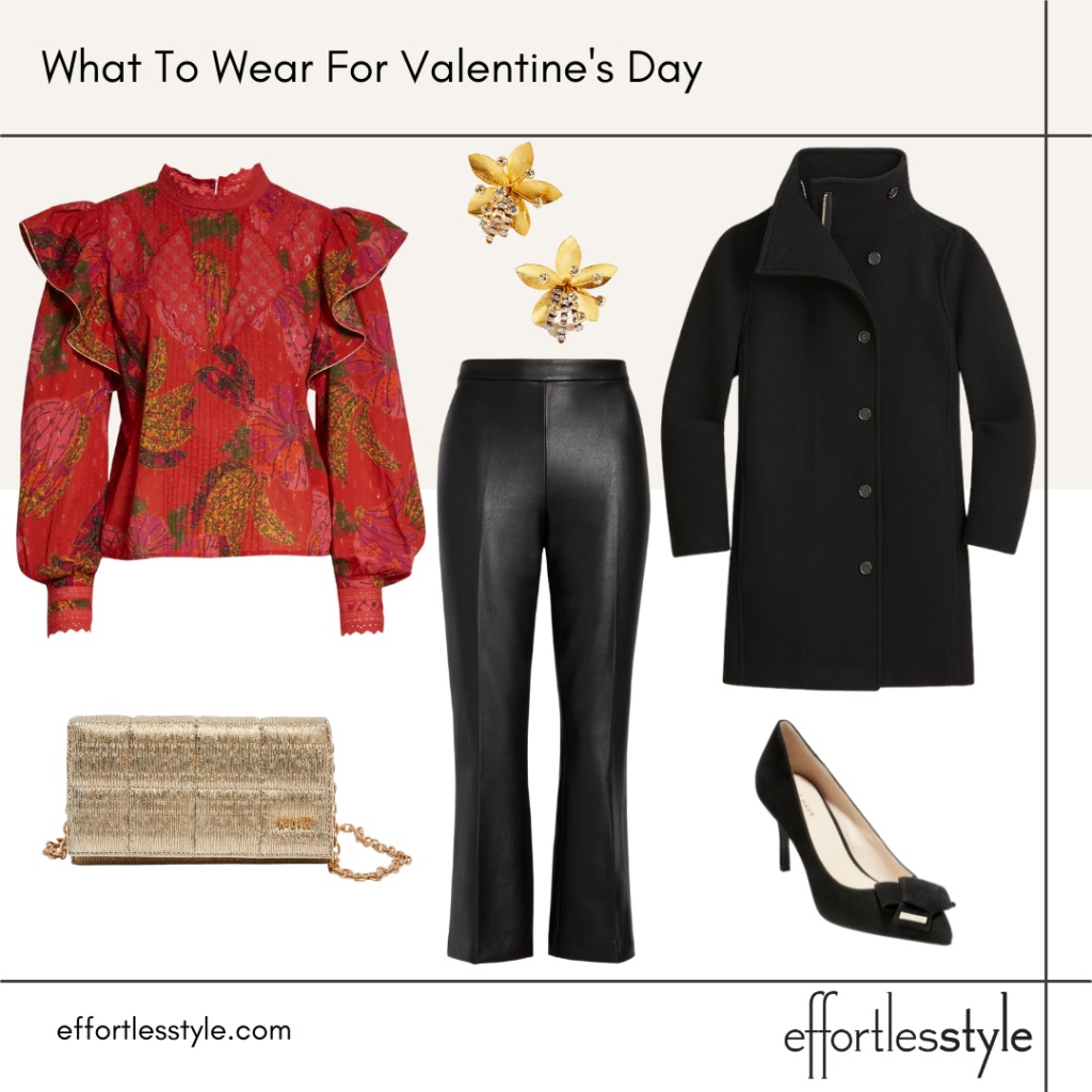 Red Print Metallic Clip Dot Blouse Outfit Valentine's Day Look