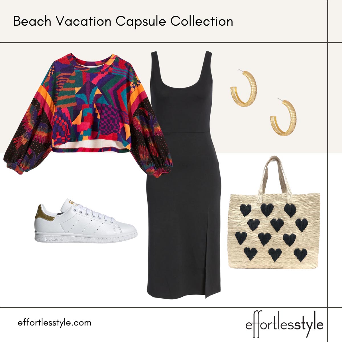 Beach vacation capsule styled looks patterned sweatshirt and dress how to style a sweatshirt with a dress how to wear sneakers with a dress sneakers and midi dress straw tote for the beach