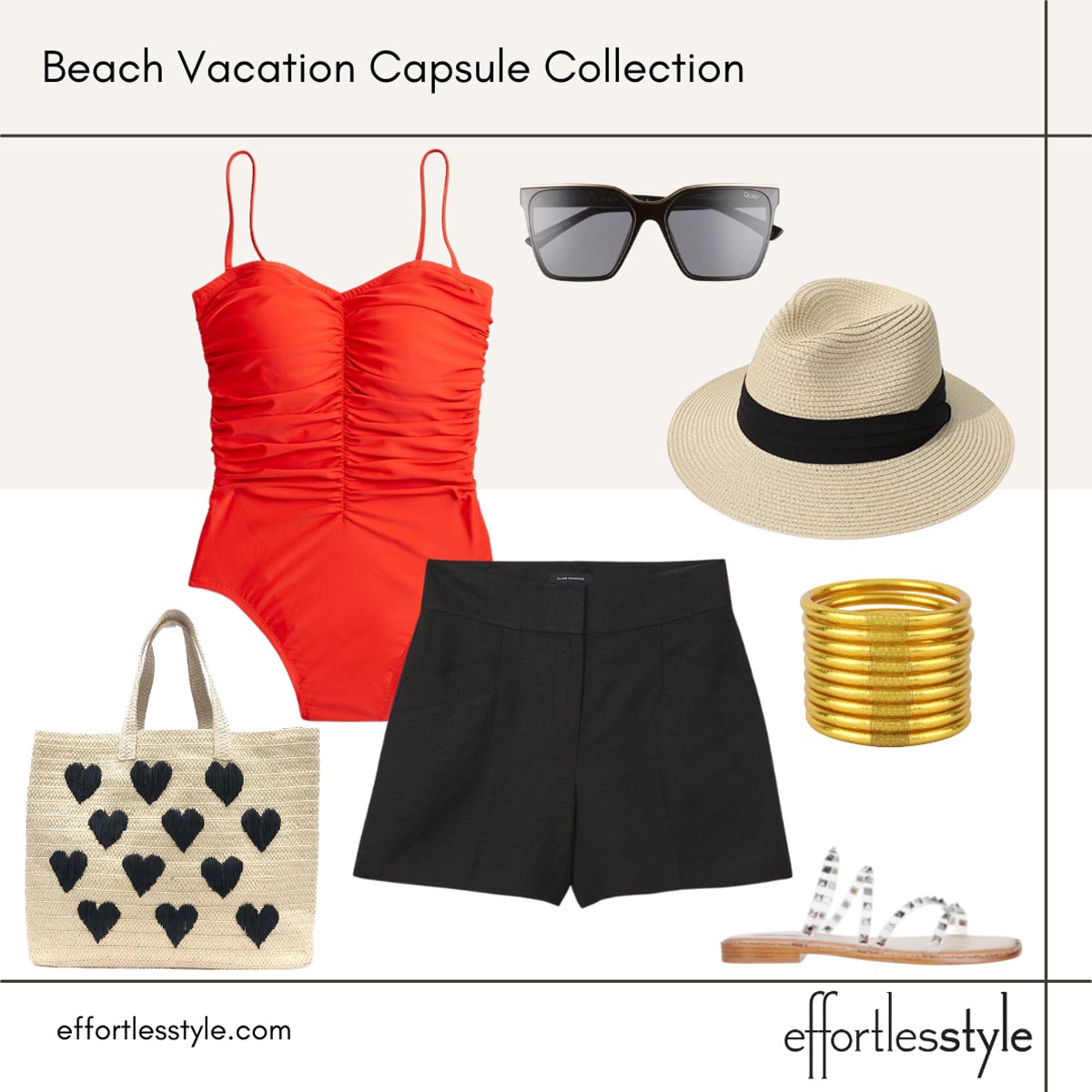 Beach vacation capsule styled looks swimsuit strapless swimsuit how to wear a swimsuit with shorts fun pool bag for summer straw tote for summer reasonably priced sunglasses all weather bangles water safe jewelry