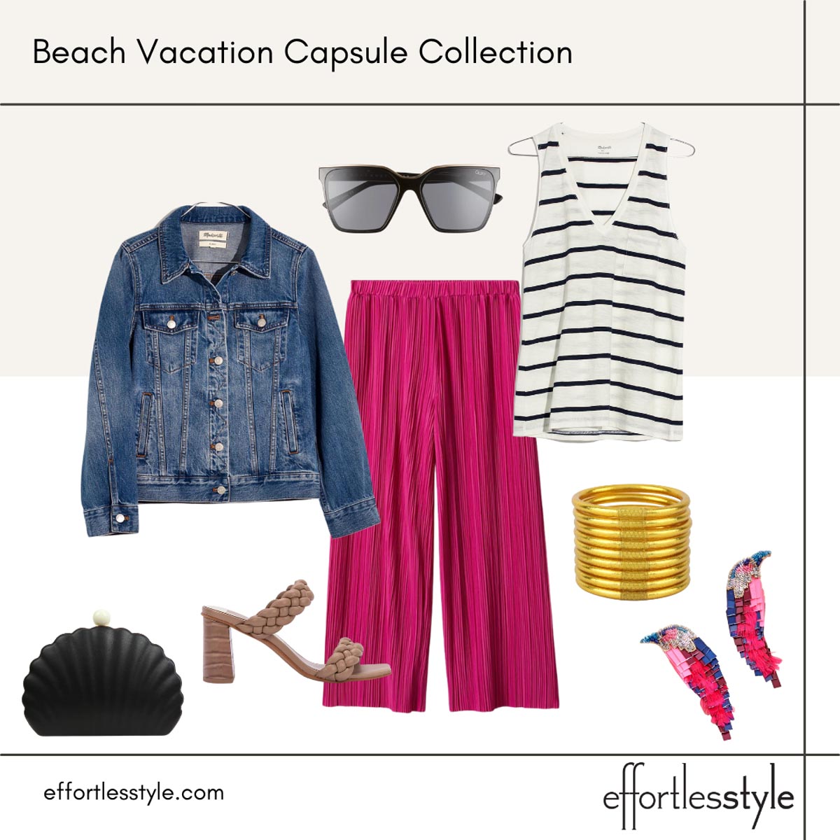 Beach vacation capsule styled looks how to wear palazzo pants in spring fun statement earrings for summer good sunglasses for summer summer style spring style spring style inspiration how to wear bright pink