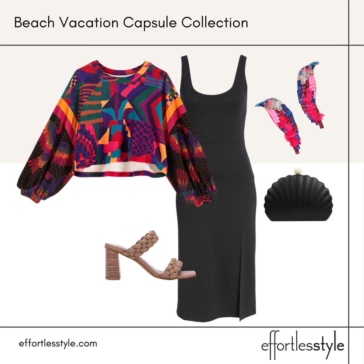 Beach vacation capsule styled looks patterned sweatshirt with dress statement earrings how to style a sweatshirt over a dress how to wear a midi dress nude sandals