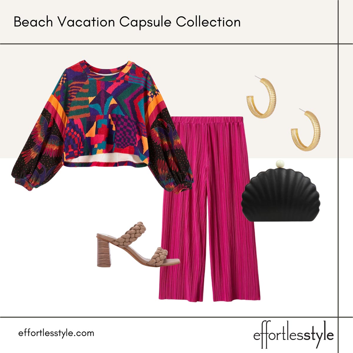 Beach vacation capsule styled looks patterned sweatshirt palazzo pants how to style palazzo pants how to wear a sweatshirt with flow pants fun clutch for spring fun clutch for summer clutch with removable strap