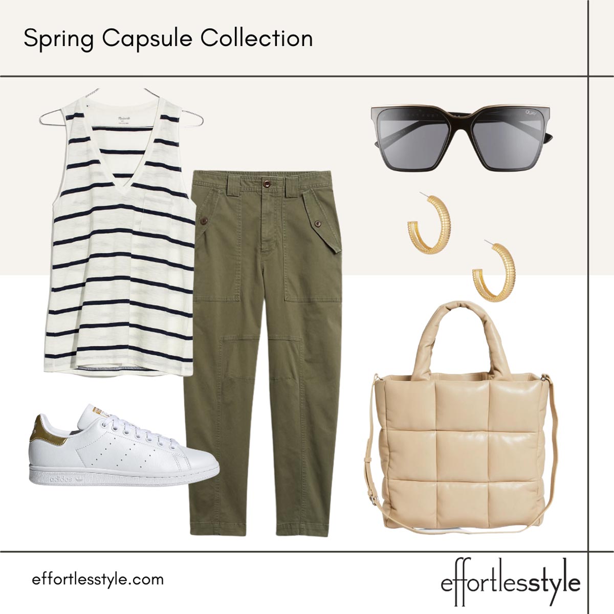casual spring look inspiration how to style sneakers with casual pants how to wear white sneakers how to style a striped tank top
