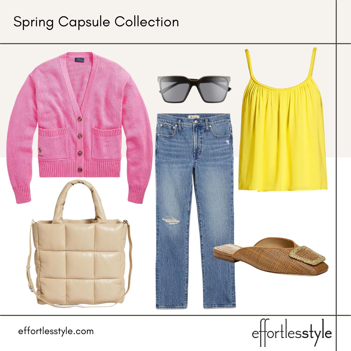 how to wear pink and yellow how to style a pink cardigan with a yellow shirt quilted tote bag for spring affordable sunglasses