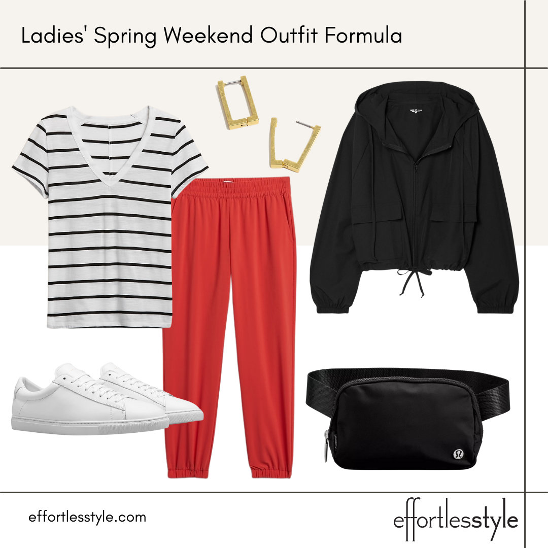 Ladies' Spring Weekend Outfit Formula for the ball field what to wear to the ball fields casual look for Saturday casual spring outfit how to style joggers how to style white sneakers how to wear a belt bag