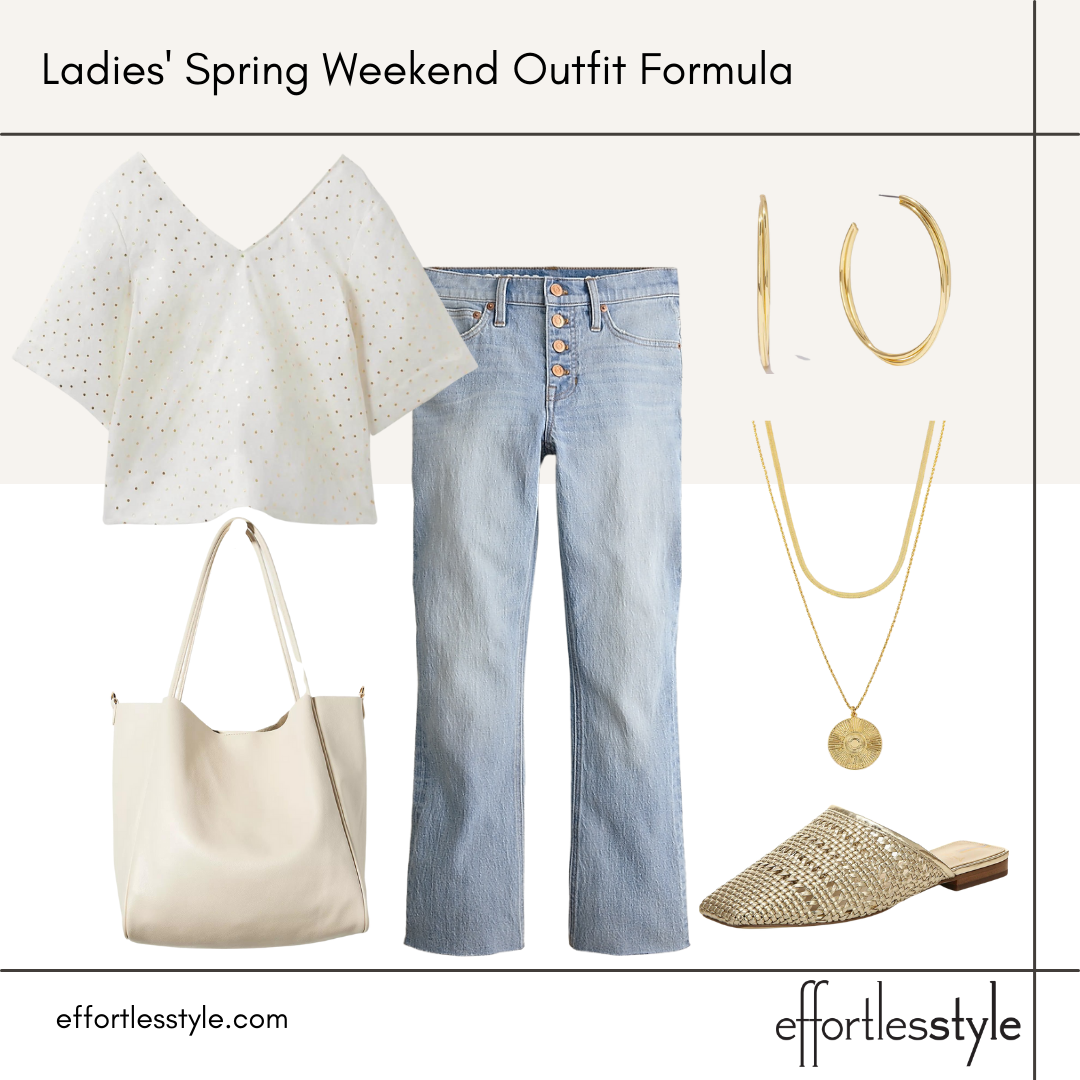 Ladies' Spring Weekend Outfit Formula for lunch with the girls what to wear to lunch dressy casual spring look gold woven mules slouchy tote bag what to wear for lunch with the ladies