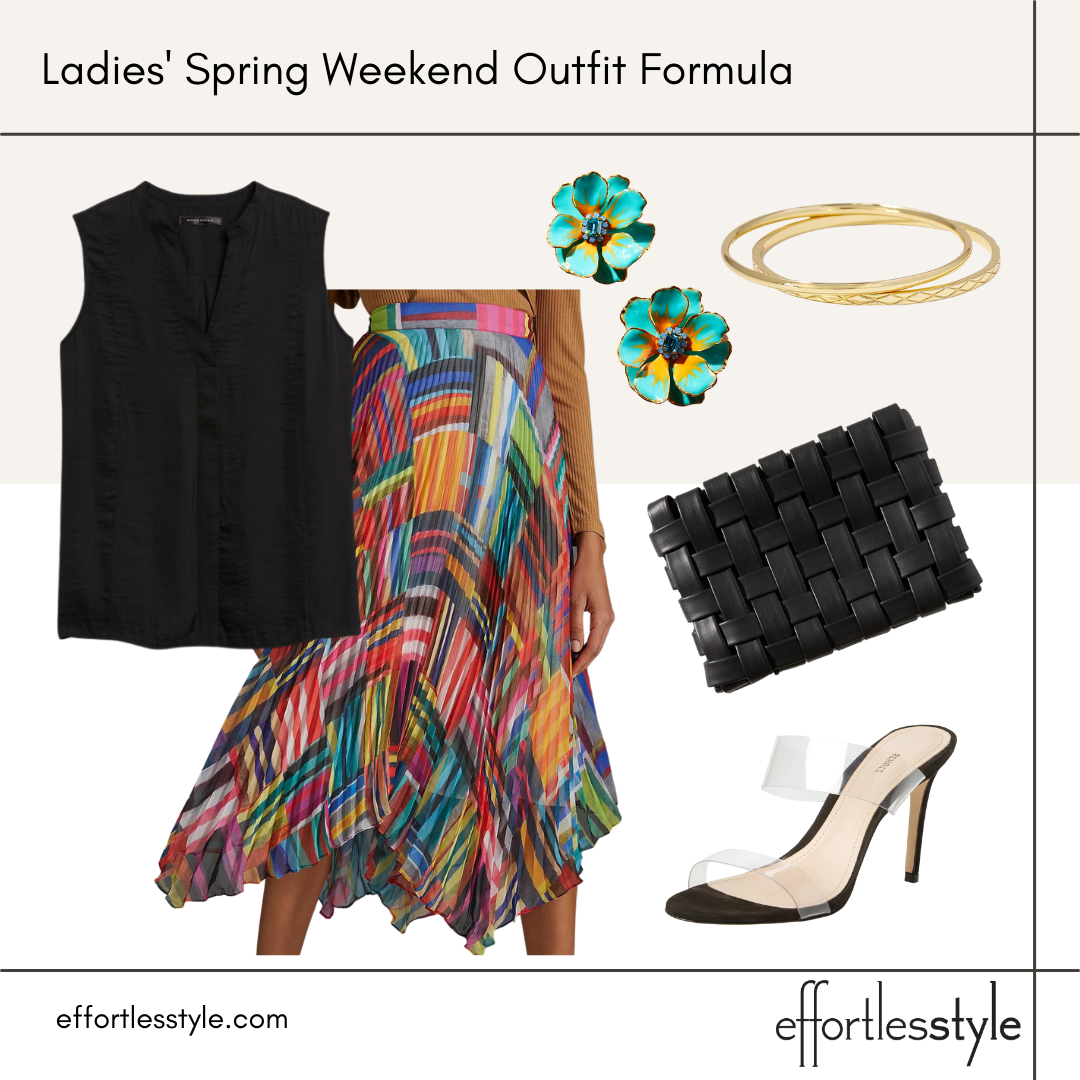 Ladies' Spring Weekend Outfit Formula for a night out what to wear for date night how to wear a plated midi skirt transparent heels clutch for night out statement post earrings statement earrings for spring
