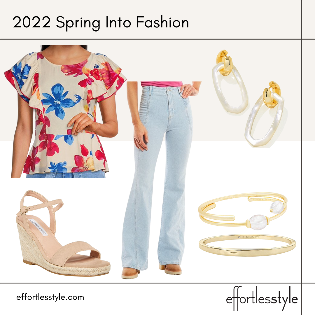 2022 Spring Into Fashion floral peplum top and flare denim how to style flare jeans how to wear light wash jeans in spring how to wear jeans in summer