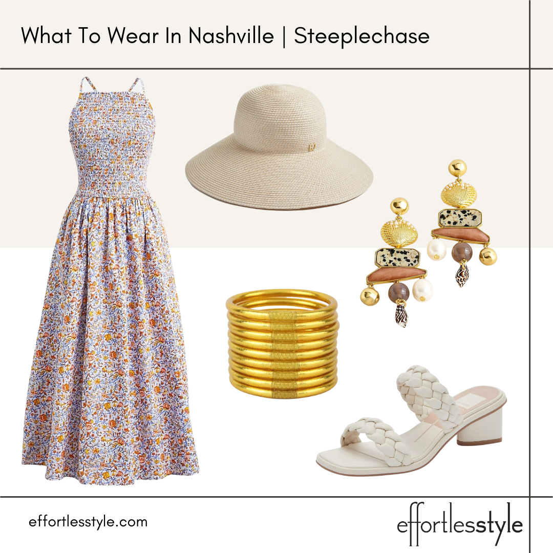 What To Wear In Nashville For Steeplechase smocked bodice sundress comfortable heeled sandals investment sun hat fun statement earrings for summer all weather bangles water safe bracelet