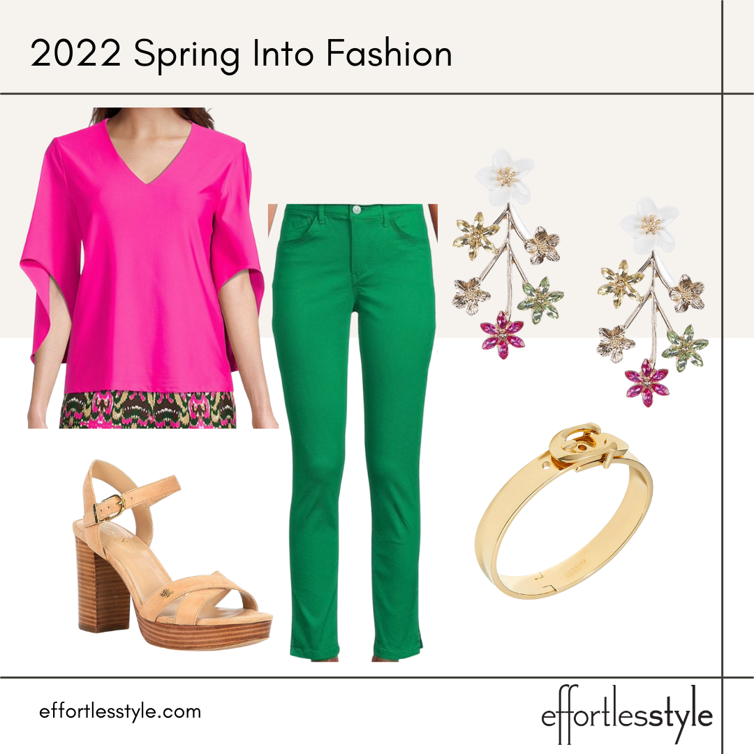 hot pink and kelly green colorblocked look how to colorblock for spring color blocking for summer how to style pink and green how to wear pink and green colorful statement earrings for summer