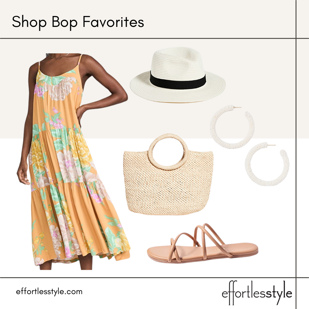 The Best Summer Pieces At Shop Bop tiered maxi dress how to style a maxi dress for summer how to wear a fedora beaded hoop earring trend