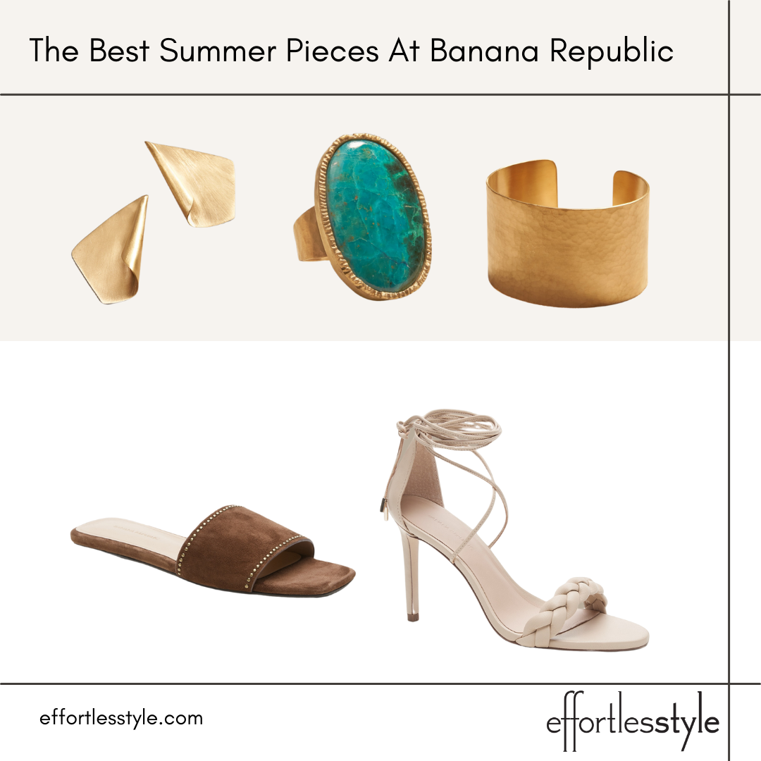 The Best Summer Pieces At Banana Republic accessories suede summer slide sandal geometric earrings summer ring cuff bracelet