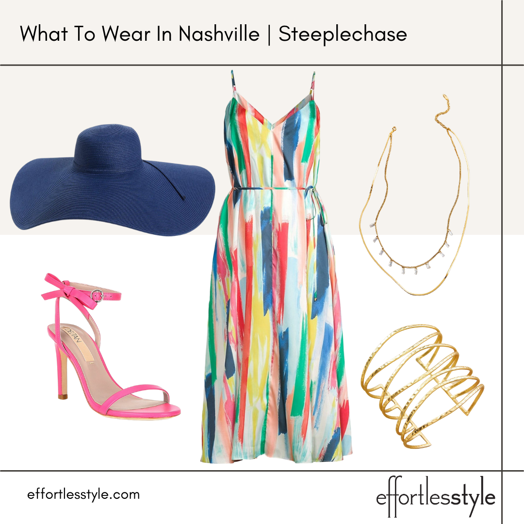 What To Wear In Nashville For Steeplechase midi dress silk midi dress watercolor midi dress what to wear to horse races how to wear color wide brim sun hat for summer how to style a wide brim sun hat Layered necklace trend