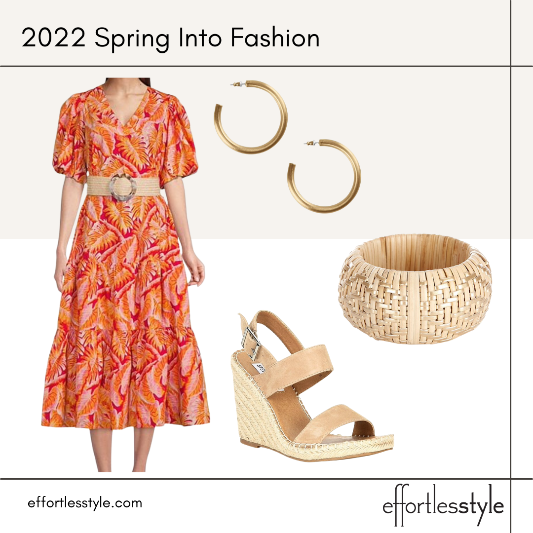2022 Spring Into Fashion puff sleeve belted dress how to belt a dress solar color trend midi dress for spring trendy dress for summer woven bangle comfortable espadrilles