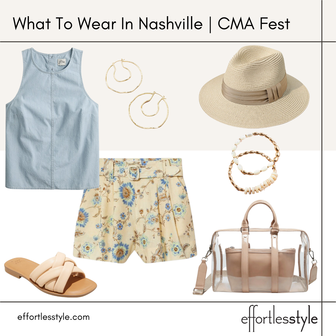 What To Wear In Nashville For CMA Fest paperbag waist shorts look how to style paperbag waist shorts affordable fedora how to wear a fedora affordable slide sandals