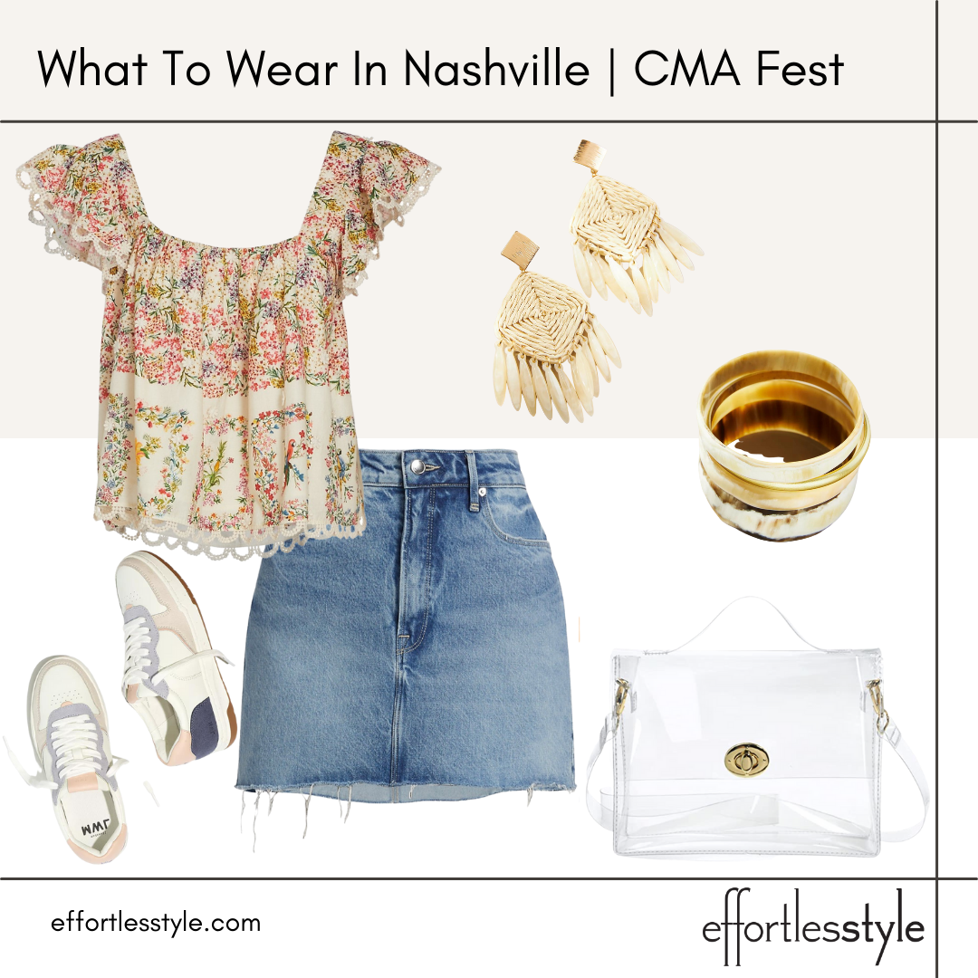 What To Wear In Nashville For CMA Fest denim skirt look how to style a denim skirt how to wear a skirt in your 40s clear stadium friendly bag fun summer accessories how to wear a skirt with sneakers