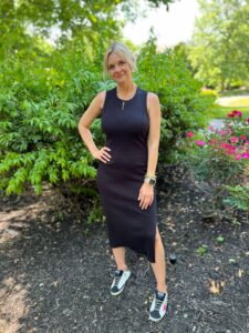 How To Wear Sneakers For Summer midi dress how to wear sneakers with a long dress how to style sneakers with a midi dress how to wear a cutout dress in your 40s