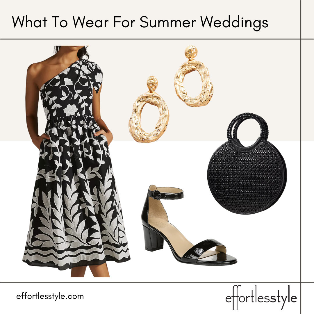What To Wear For Summer Weddings one shoulder floral dress how to style black and white what to wear for an afternoon wedding how to style a midi dress for a wedding